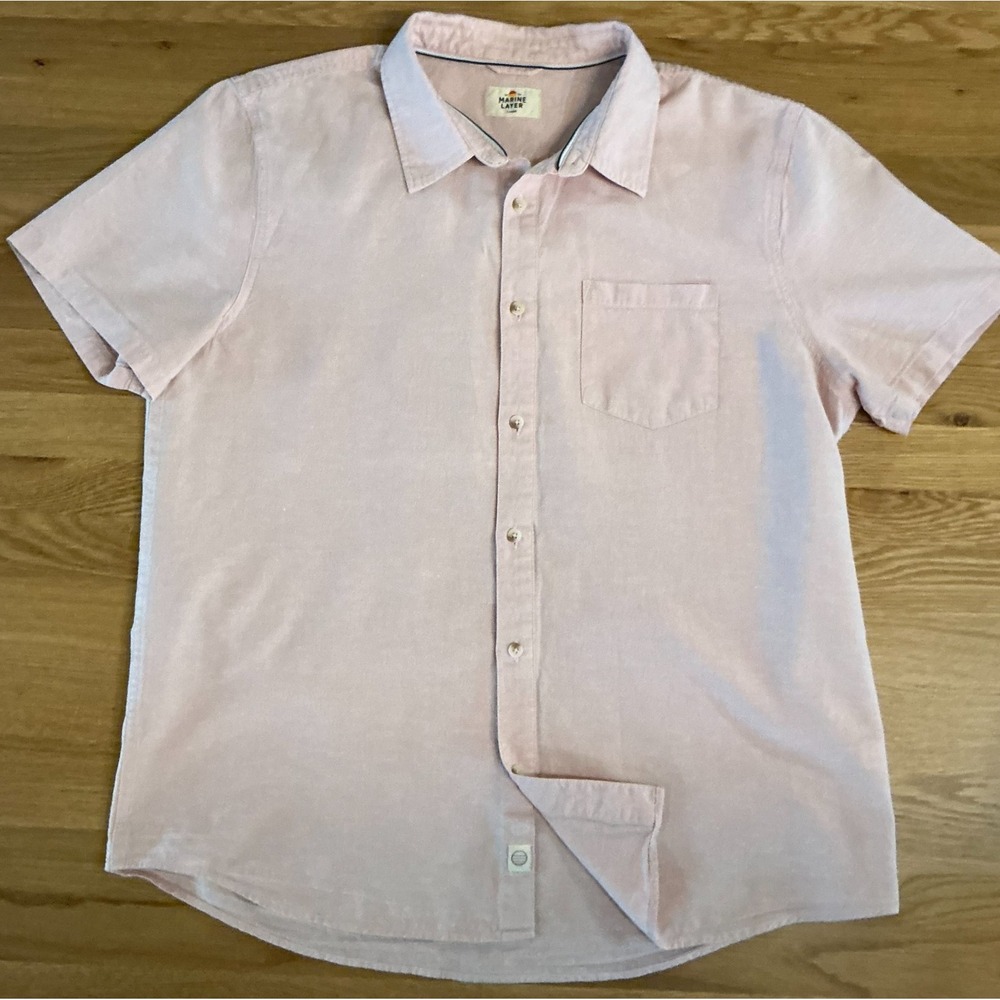 Marine Layer Mens L Hemp Cotton Tencel Shirt Pink Short Sleeve Button Up 18849